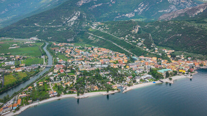 Lago de Garda. Drone areal view. Mountains and lake nature view.