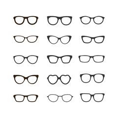 Set of isolated glasses. Vector glasses models icons. Sunglasses, glasses isolated on white background. Silhouettes. Various shapes - stock illustration.