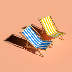Two models of sling chairs / beach chairs on an orange plane with harsh sunlight and hard shadows