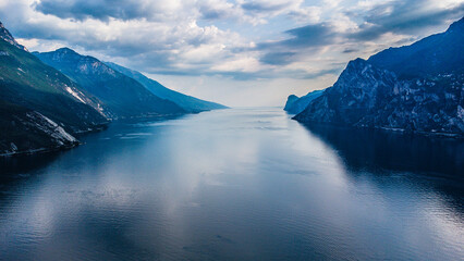 Lago de Garda. Drone areal view. Mountains and lake nature view.