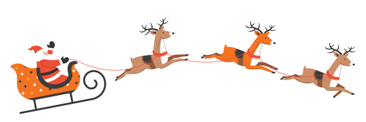 Santa Claus riding sleigh with xmas reindeers - obrazy, fototapety, plakaty
