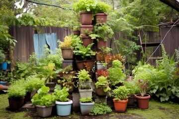 variety of edible plants growing in stacked containers, created with generative ai
