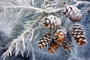 frosty pine cones on a snow-covered branch, created with generative ai