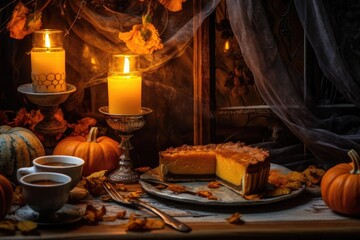 Fototapeta na wymiar sliced pumpkin pie next to a lit candle for a cozy atmosphere, created with generative ai