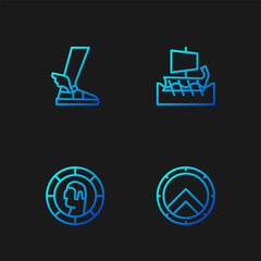 Set line Greek shield, Ancient coin, Hermes sandal and trireme. Gradient color icons. Vector