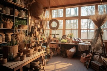 Obraz na płótnie Canvas a cozy workshop setup with baskets and weaving supplies, created with generative ai