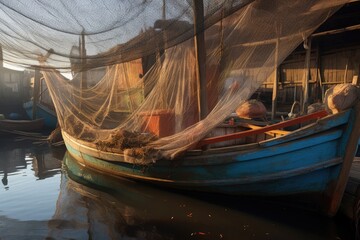 sunlit fishing nets draped over a weathered boat, created with generative ai