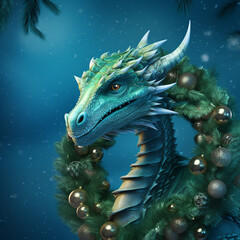 realistic green dragon, Christmas background. illustration, AI generation.