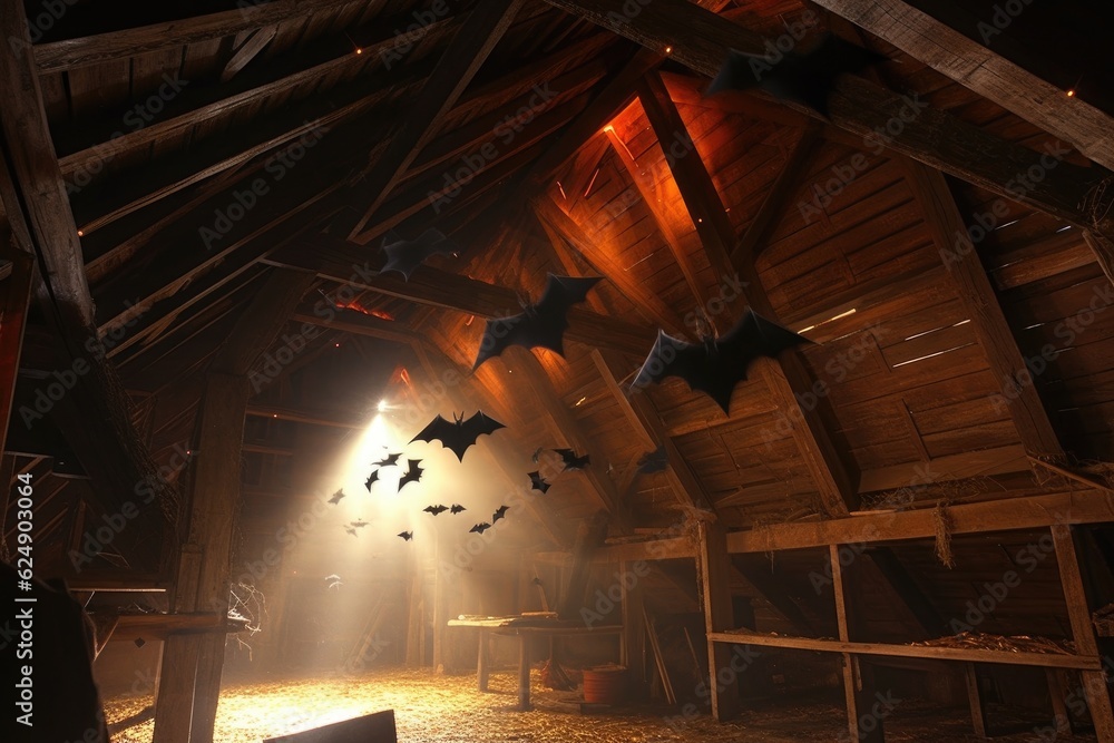 Wall mural bats clinging to attic beams near light source, created with generative ai