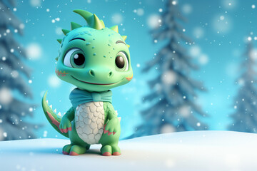 green dragon on a winter background. 3d illustration, AI generation.