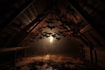 Fototapeta na wymiar bats flying around in a dimly lit attic, created with generative ai
