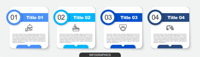 Set line Covered with tray, Hotel reception desk, Bellboy hat and Shower head. Business infographic template. Vector