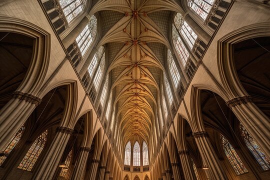 wide-angle view of a gothic cathedral ceiling, created with generative ai