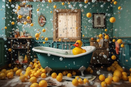 Bath Overflowing With Bubbles And Rubber Duck Floating, Created With Generative Ai