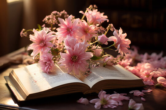 Photo of a book with pink flowers on top