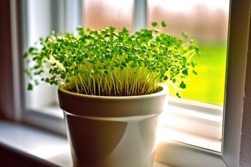 microgreens in a minimalist white pot by the window, created with generative ai