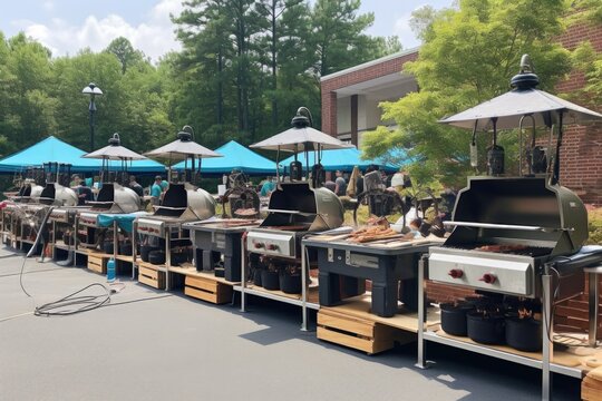 grilling competition setup with multiple bbq grills, created with generative ai