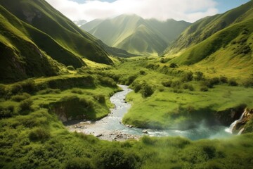 Fototapeta na wymiar geothermal springs flowing through a lush green valley, created with generative ai