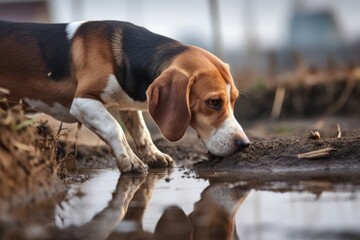 beagle examining a hole in the ground, scent discovery, created with generative ai