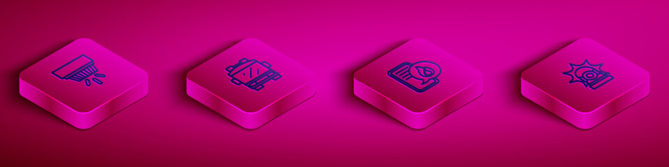 Set Isometric line Smoke alarm system, Fire truck, Phone with emergency call 911 and Flasher siren icon. Vector