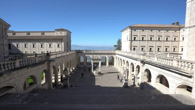 The marvelous cloister of Montecassino Abbey on a sunny morning, Lazio, Italy. March-20-2023