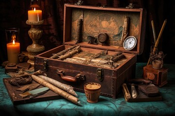 open vintage cigar box displaying aged cigars, created with generative ai