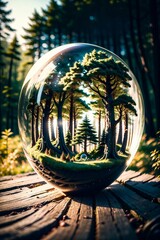 Crystal globe on moss in a forest - environment concept. Generative AI
