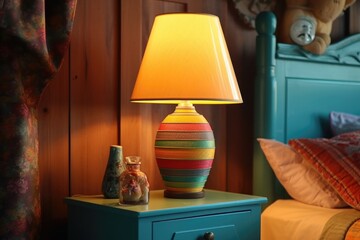 retro bedside lamp with colorful shade on table, created with generative ai