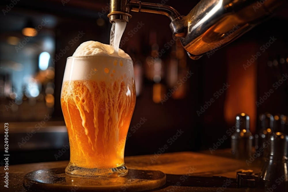 Poster frothy beer being poured into a glass from a tap, created with generative ai