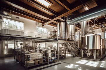 wide shot of a modern beer production facility, created with generative ai