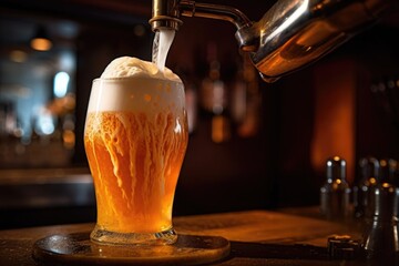 Fototapeta na wymiar frothy beer being poured into a glass from a tap, created with generative ai
