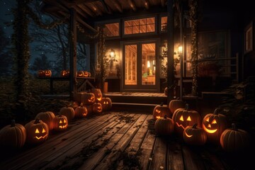 glowing jack-o-lanterns on a dark porch, created with generative ai
