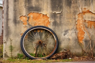 bicycle wheel with puncture, leaning against a wall, created with generative ai