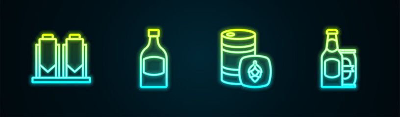 Set line Beer brewing process, bottle, Metal beer keg and and can. Glowing neon icon. Vector