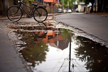 Fototapeta na wymiar reflection of a bicycle in a water-filled pothole after rain, created with generative ai