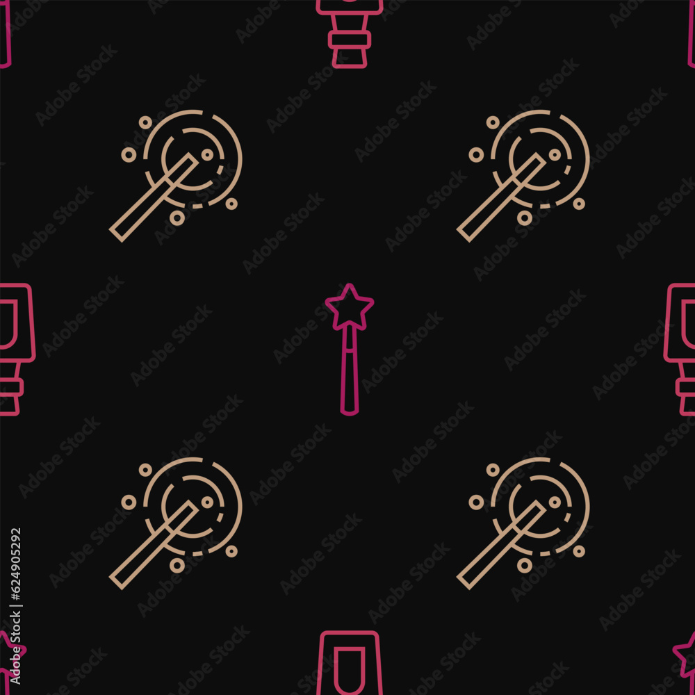 Poster set line bottle with potion, magic wand and on seamless pattern. vector