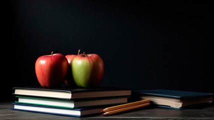 Back to School Concept. Books, Notebooks, with Apple, Pencils Stationery. Education and School Supplies. Blackboard Background with copy space for Learning. Stack of Books on Wooden Table