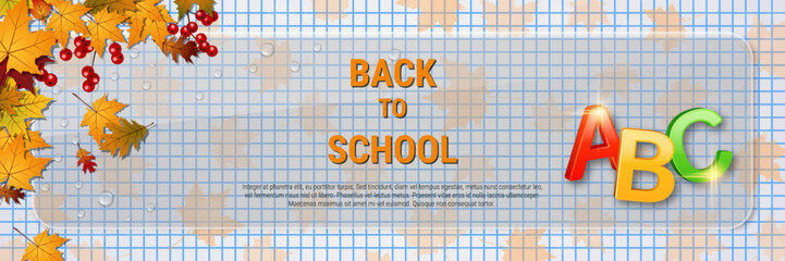 Back to school, education autumn style vector banner template. Background with colorful autumn leaves