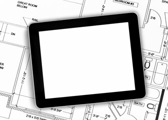 Buildings concept with cadastral drawings and digital tablet