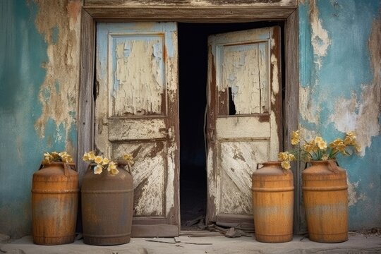 vintage rusty milk cans near weathered barn door, created with generative ai