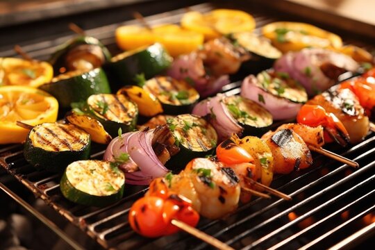 shrimp skewers with colorful vegetables on grill, created with generative ai