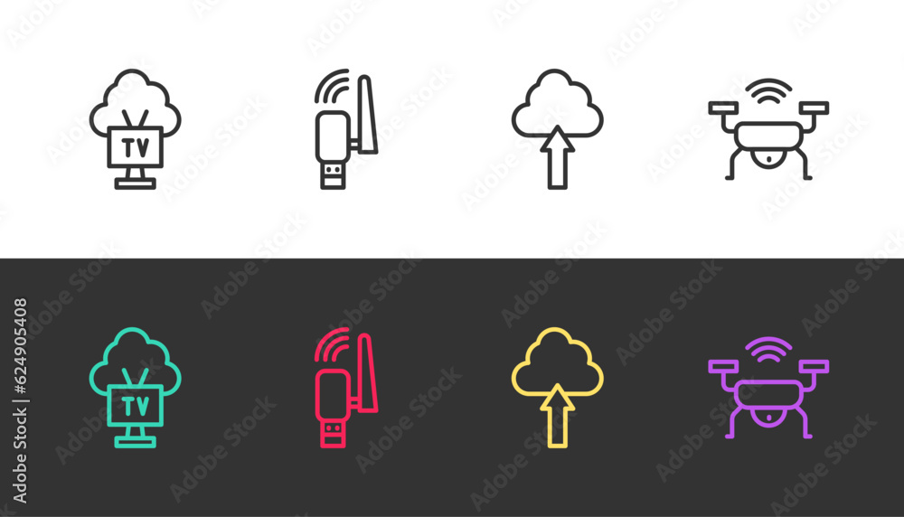 Poster set line smart tv, usb wireless adapter, cloud upload and drone system on black and white. vector
