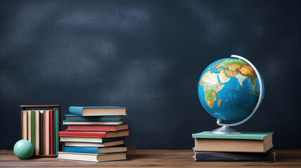 Back to School Concept. Earth Globe, Books, Notebooks, Colorful Stationery. Education and School Supplies. Blackboard Chalkboard Background for Learning. Stack of Books and Essentials on Wooden Table