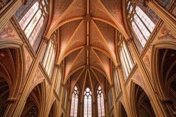 symmetrical frescoes on a gothic cathedral ceiling, created with generative ai - obrazy, fototapety, plakaty