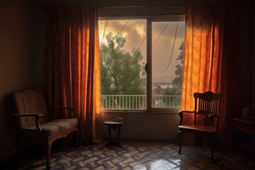 thunderstorm lightning casting dramatic shadows on curtain, created with generative ai