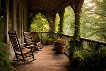 Fototapeta na wymiar log cabin porch with rocking chairs, created with generative ai