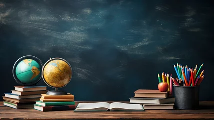 Abwaschbare Fototapete Retro Back to School Concept. Earth Globe, Books, Notebooks, Colorful Stationery. Education and School Supplies. Blackboard Chalkboard Background for Learning. Stack of Books and Essentials on Wooden Table