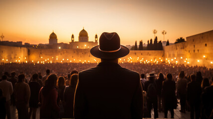 Orthodox Jew Praying at Wailing Western Wall in Jerusalem, Israel Old Town. Ancient Temple Mount, major Jewish sacred place at sunrise. Temple Mount  Golden Dome of the Rock Panorama Landscape - obrazy, fototapety, plakaty
