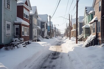Fototapeta premium snowy neighborhood street with shoveled sidewalks, created with generative ai