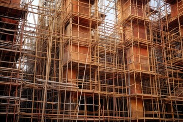 intricate bamboo scaffolding patterns at a construction site, created with generative ai